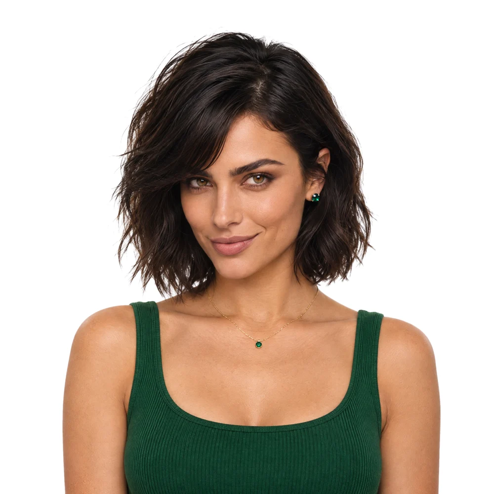 Arkady Denver, head and shoulders: a dark wavy bob with a side-swept fringe and an emerald-green tank top.