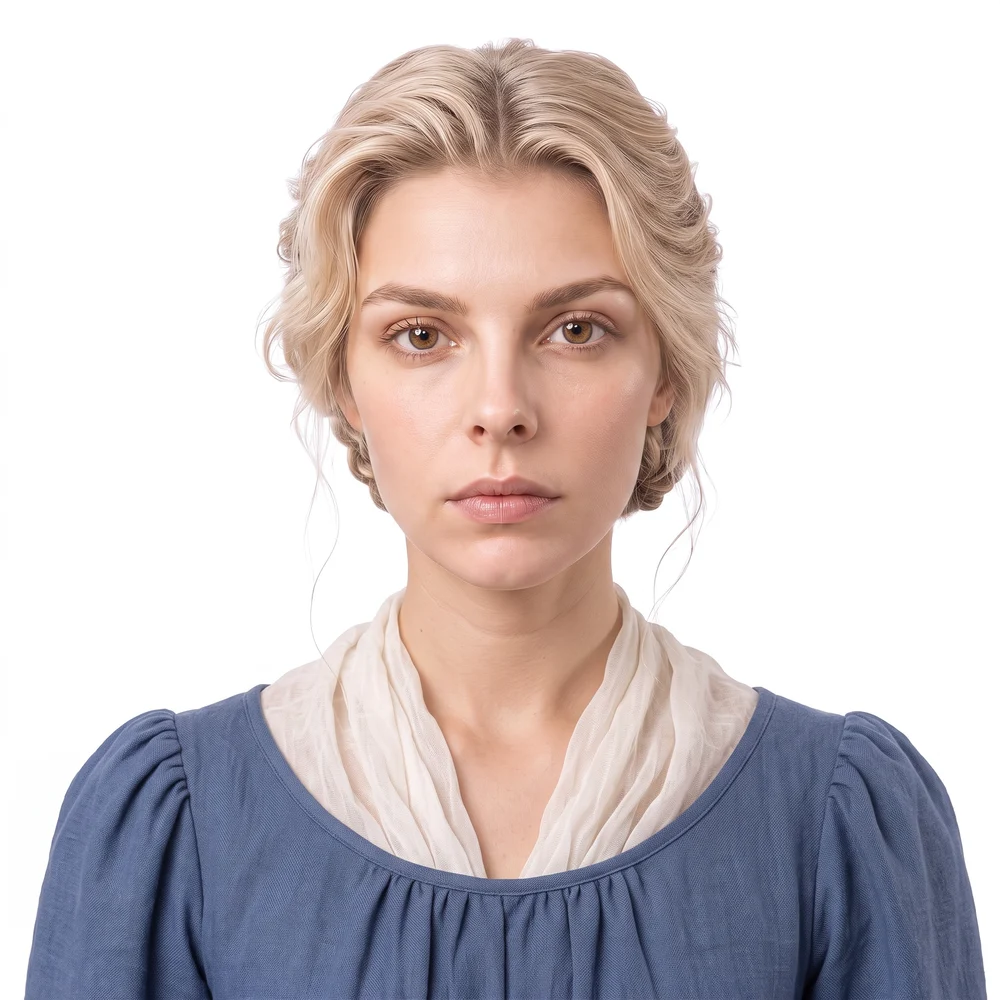Béatrice Lemieux, head and shoulders: pale blonde hair pinned back, a cream linen fichu and a blue dress.