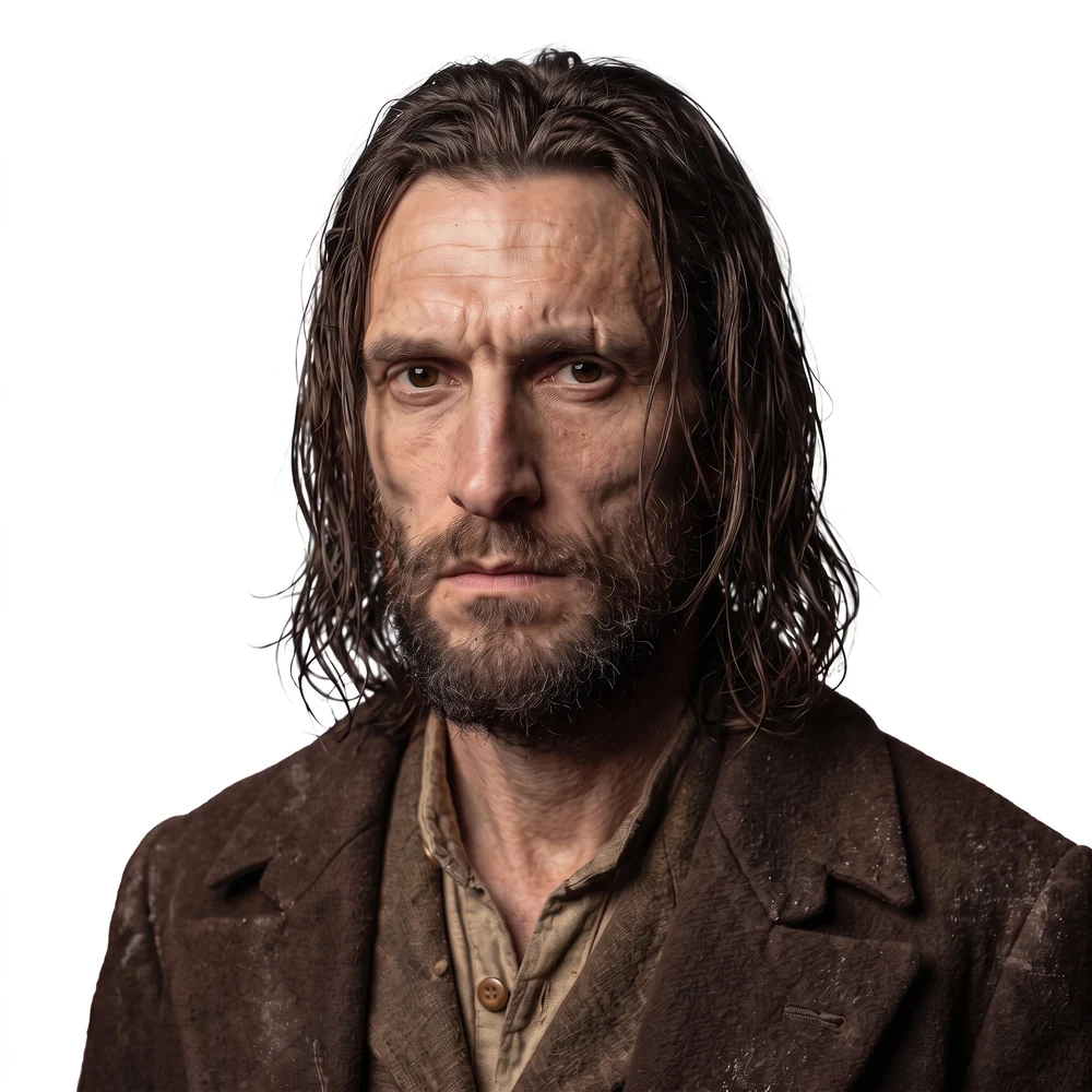 Cedric Sisk, head and shoulders: long lank near-black hair, a patchy dark beard, a worn brown wool coat over a tan shirt.