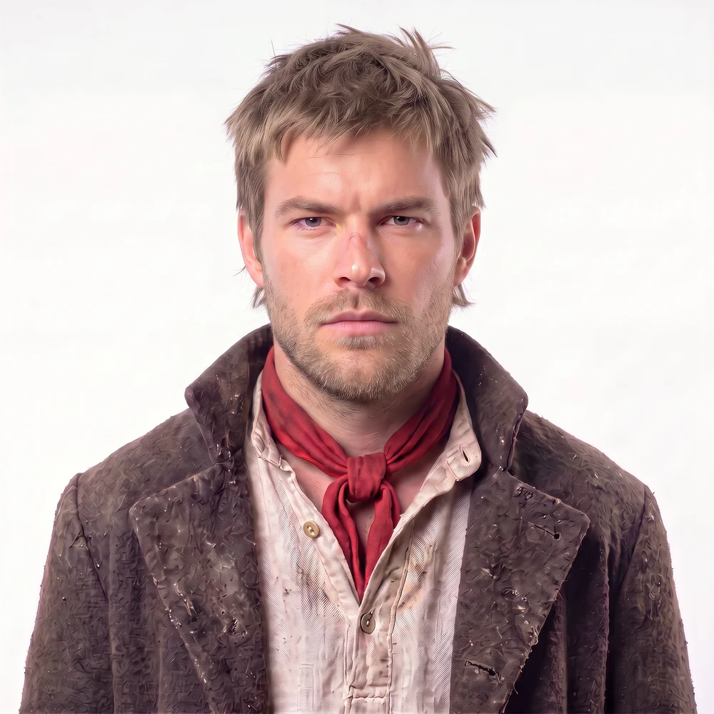 Liam Kelly, head and shoulders: short sandy hair, stubble, an off-white shirt, a red neckerchief and a dark wool coat.