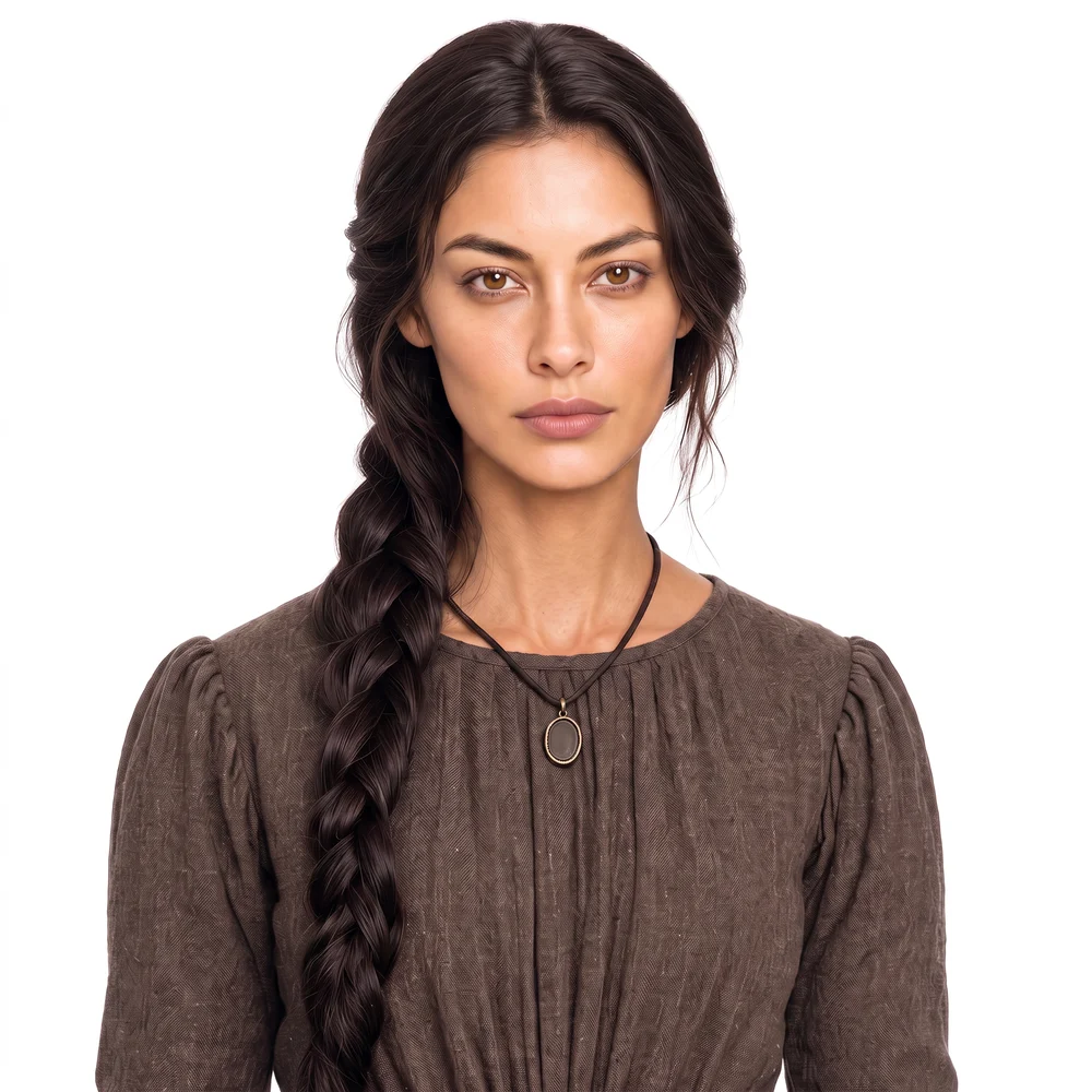 Maggie Kelly, head and shoulders: dark brown hair in a single braid, a plain brown wool gown, an oval pendant on a leather cord.
