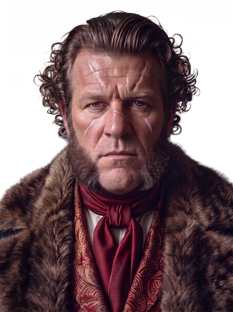 Peter Aylen, head and shoulders: curly hair, mutton chops, old scars on the face, a fur collar and a red cravat.