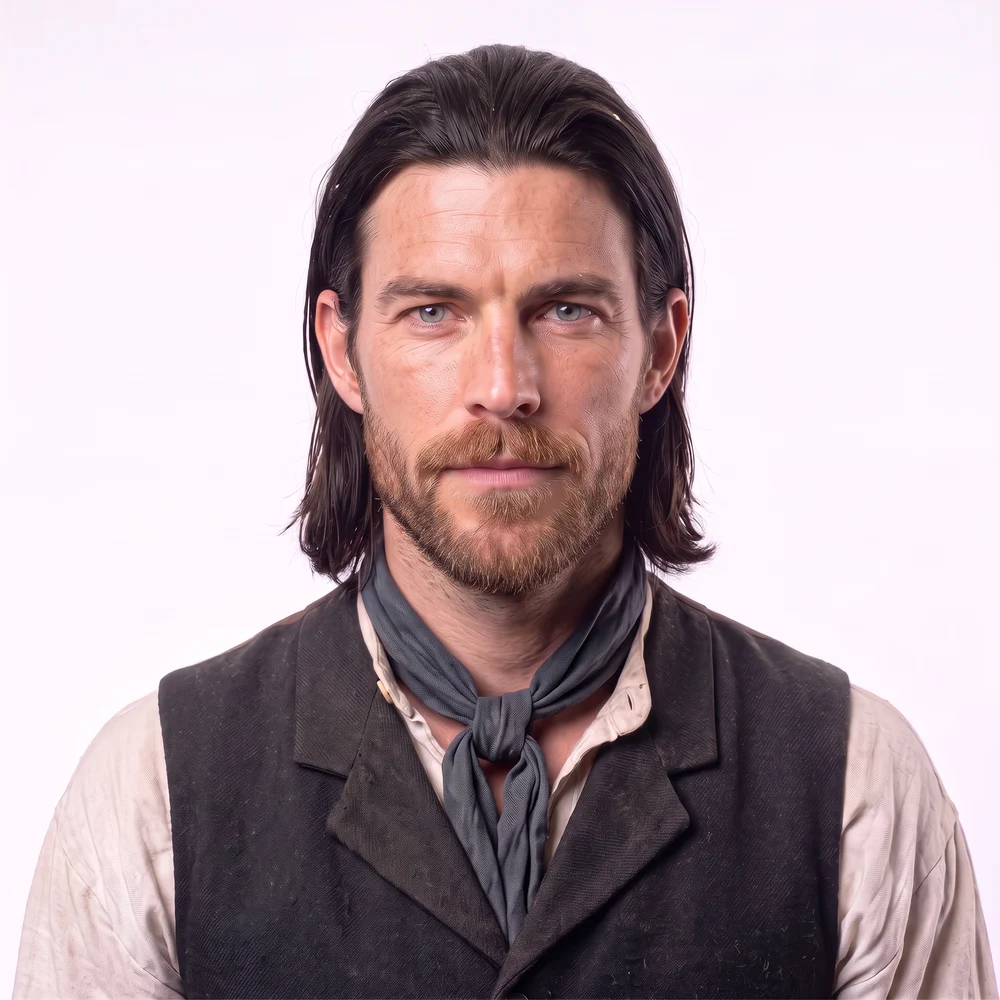 Rían Kelly, head and shoulders: long near-black hair, a short chestnut beard, an off-white shirt, a grey-blue neckerchief and a dark waistcoat.